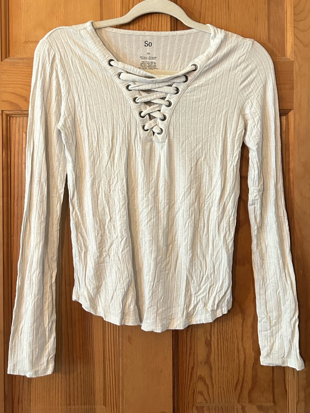 SO Lace-Up Ribbed Long Sleeve Top in Off-White